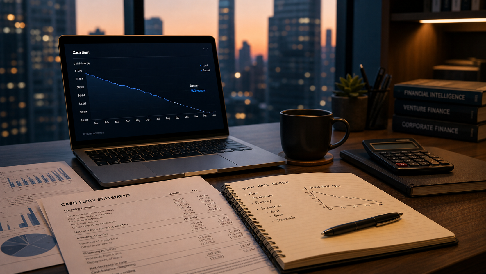 Editorial desk scene with a laptop showing declining cash burn charts and planning materials