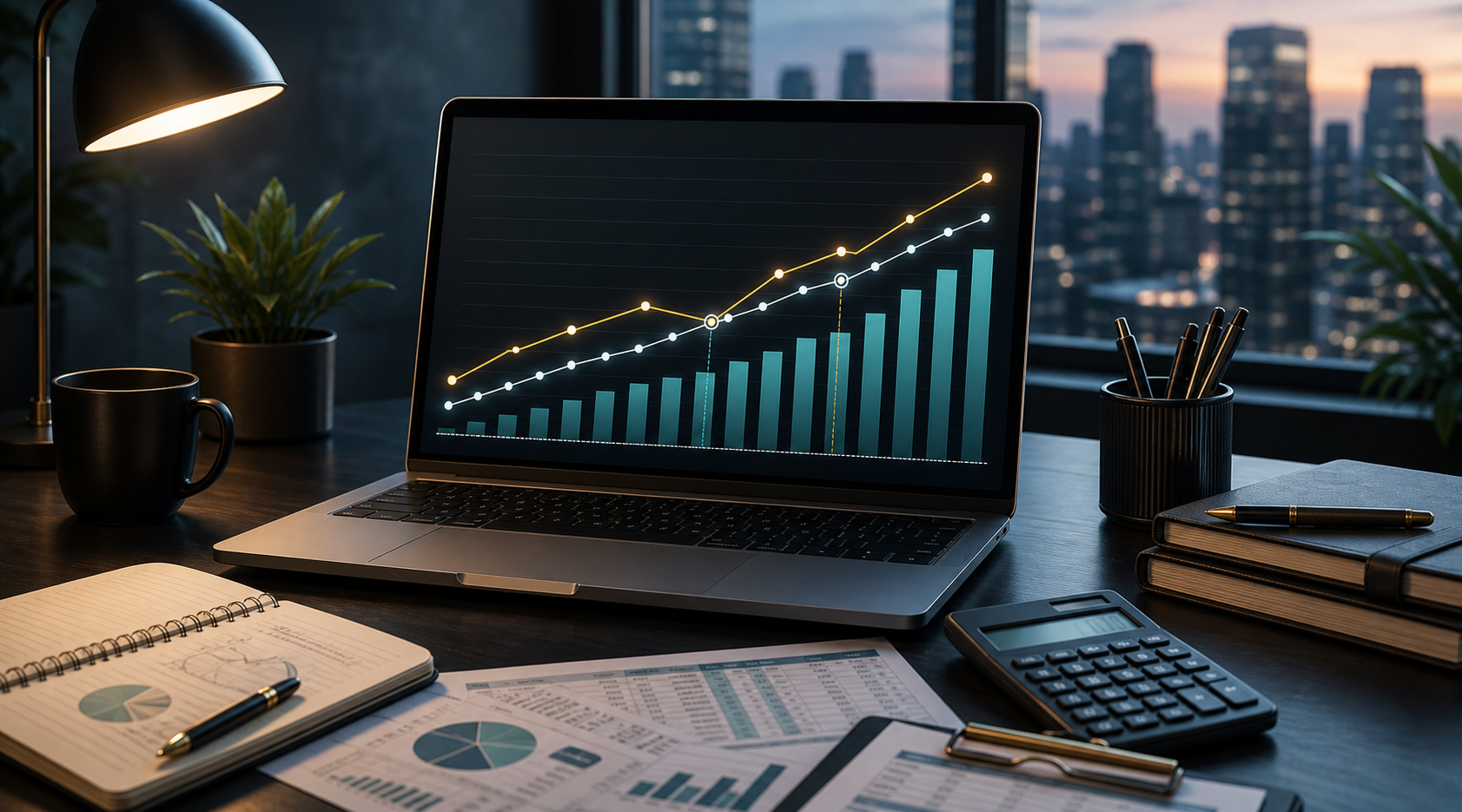 Editorial business desk with a laptop showing ROI and revenue charts beside planning papers
