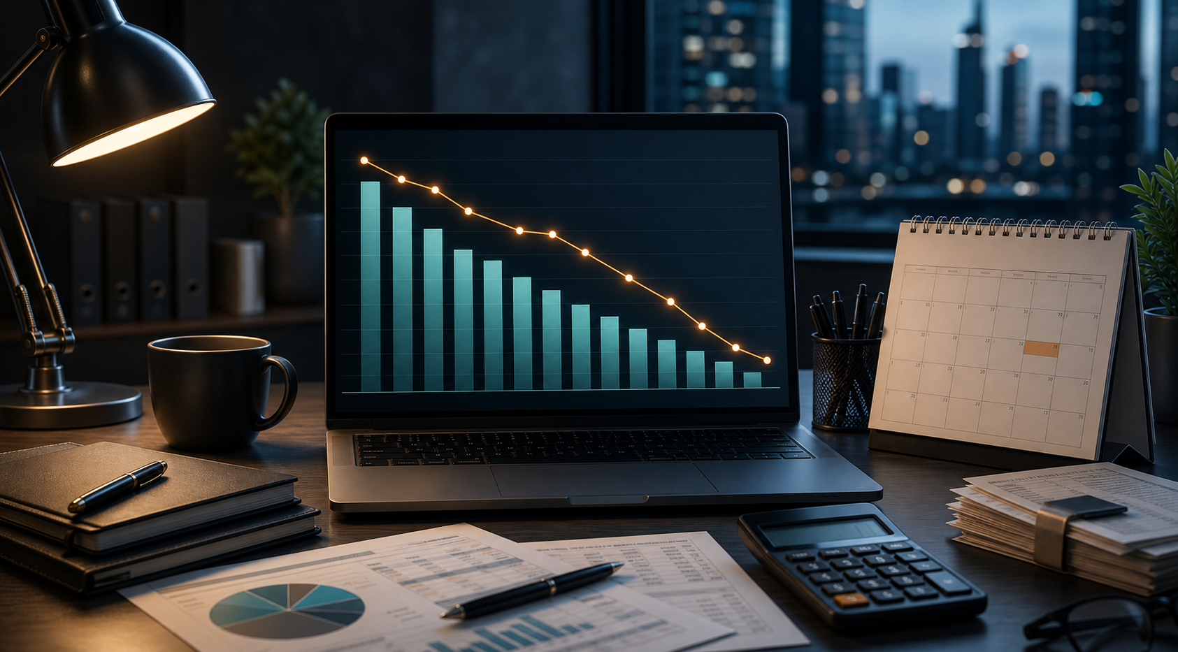 Editorial dashboard scene with retention cohorts, churn bars, and recurring revenue analytics